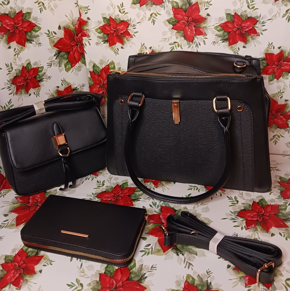 Vegan Faux Leather Handbag Crossbody Wallet Floral Embroidery 3 Piece Set Black